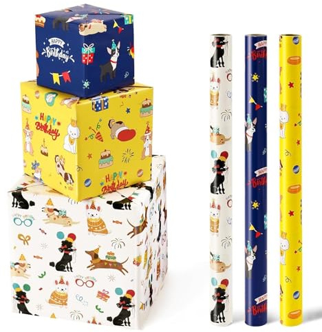 WERNNSAI 3 Rollen Hunde Geschenkpapier 3m x 43cm Welpen Kindergeburtstag | Hunde Welpen Geschenkpapierrollen für Kindergeburtstag, Hundejungen Urlaubs Geschenkpapier, Kurze Rolle mit Schnittlinie