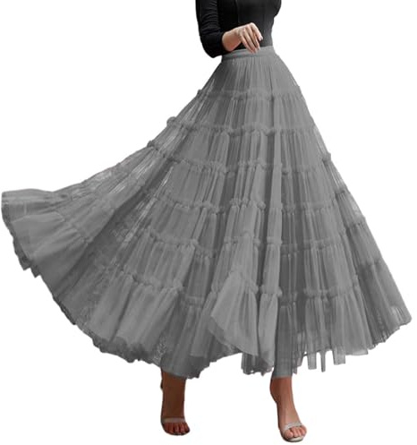 Jupe longue en tulle pour femme - 7 couches - Jupe de gâteau élégante et douce - Jupe de danse - Carnaval - Jupe de danse - Jupe tutu extensible - Jupe de ballet pour adulte, gris, taille unique