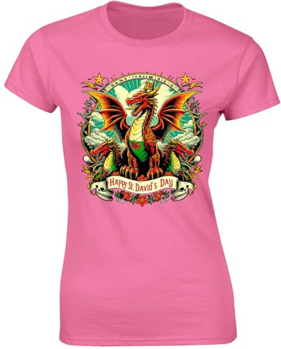 St Davids Day Celebration Ladies T-Shirt Welsh Flag Dragon Patriotic Wales Festival Fancy Dress Costume Womens Gift Tshirt Azalea - Large