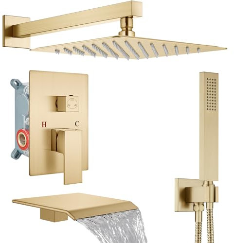 Midanya Regenduschsystem, Wannen-Duscharmatur-Set, quadratisch, Regenduschkopf mit Handbrause und Wasserfall-Wannenauslauf, raues Ventil, Duschmischer-Kombination, 25,4 cm, gebürstetes Gold