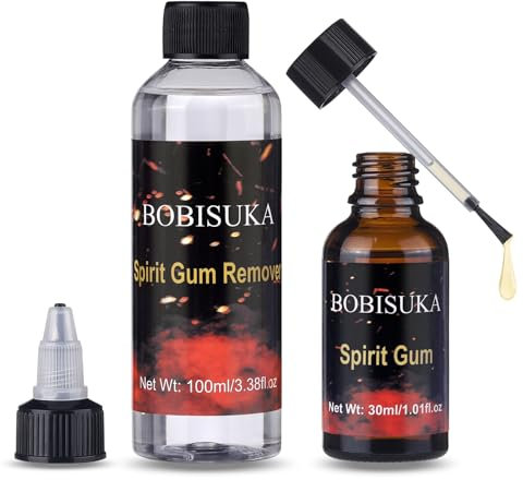BOBISUKA Hautkleber Gesicht 30ml + Entferner 100ml, Gesichtskleber für Effektschminke, Halloween, Bühnenschminke, Karneval, Theater, Professioneller Spirit Gum, körperkleber, kosmetikkleber