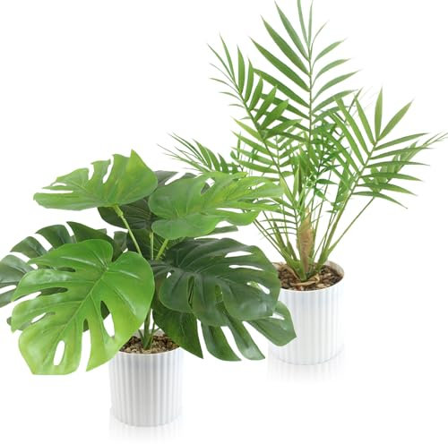 INSANYJ Kunstpflanze (35cm) in Töpfen, 2 Stück Künstliche Pflanzen, Areca Palmen Monstera Fake Pflanzen, Innen und Außen Kunstpflanzen Wie Echt Geeignet für Balkon, Zimmer, Wohnzimmer, Badezimmer Deko
