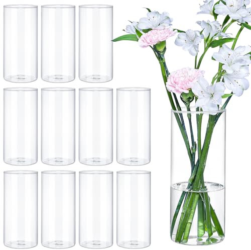 TBWIND 12Pcs Glass Cylinder Vases 8 Inch Tall Clear Flower Vases for Centerpieces Wedding Decoration, Hurricane Floating Candle Holder for Party Table Home Decor