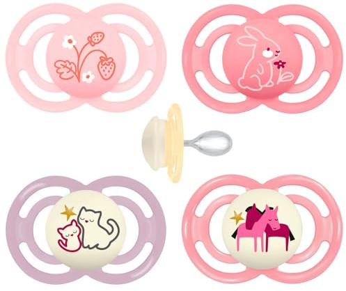 MAM Perfect Day & Night Dummy 16+ M (Pack of 4), Includes Transport and Sterilisation Box, Baby Dummy from 16 Months, MAM SkinSoft Silicone Teat, Pack of 4, Pink