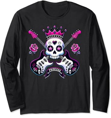 Cute Punk Skull Princess Rockstar Guitar Band Rock'n Roll Langarmshirt