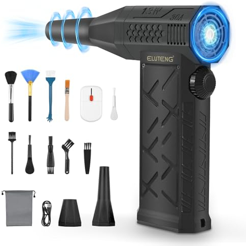 ELUTENG Elektrische Staubgebläse Luftdruckspray, Stufenlose Geschwindigkeit 130000 U/min, Compressed Air Duster mit 8000mah Akku,USB Schnellladung, PC Reinigungsset für Laptop,Auto,Sofa, Bürogeräte