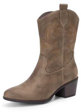 DREAM PAIRS Cowboy Boots for Women, Mid Calf Cowgirl Boots with Embroidery Round Toe Western Chunky Low Heel Shoes,Size 7,Camel,DWUMMB2505