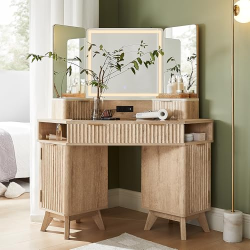 T4TREAM Fluted Makeup Vanity Desk with 3 Way Mirror and Lights, 48 Large Corner Vanity Table with Glass Top, Charging Station, 3 Drawers, Storage Cabinets & Shelves, for Bedroom, Natural Oak