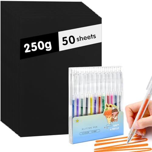 HWSWSH 50 Stück A4 Tonpapier, Tonkarton A4 250gr/m2, Dickes Bastelkarton Papier mit 12 Glitzerstiften, Scherenschnittpapier Schwarzes Papier für Fotografie, Präsentationen, Basteln,Fotokarton