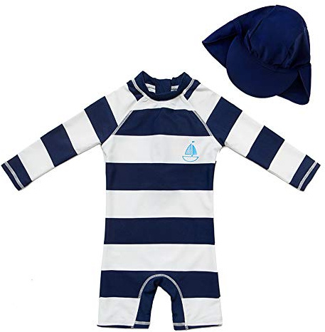 upandfast Maillot de Bain Une pièce avec Fermetures éclair pour bébé garçons Maillot de Bain pour bébé Protection Solaire UPF 50+ avec Chapeau de Soleil (Rayures, 9-12 Mois)