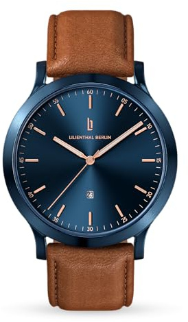Lilienthal Berlin Herrenuhr Huxley in Blue Rose Gold – Armbanduhr am hellbraunen Leder-Armband – aus 316L Chirurgenstahl mit einem Quarzuhrwerk & saphirgehärtetem Mineralglas – 40 mm