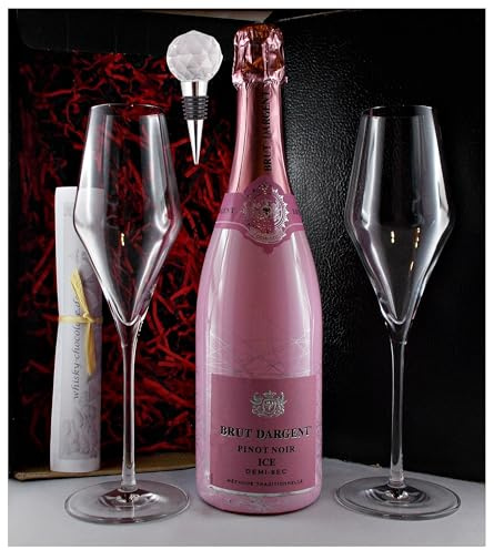 Brut Dargent Pinot Noir ICE Demi-Sec + Flaschenverschluß + 2 Gläser im Geschenk Karton Geschenkset Frauengeschenke Männergeschenke Premium Sekt
