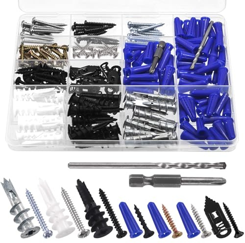 Wokape Set di 192 tasselli autoperforanti per cartongesso, kit di tasselli e viti per pareti in cemento, pareti cave, pareti in legno e mattoni