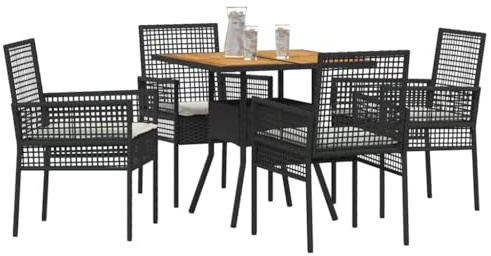 vidaXL Uteplats Matbord Set Med 4 Rattanstolar, Fyrkantiga Trädgårdsmöbler, Modernt Patio, Träskiva, Perfekt För Balkong, Svart Och Krämfärgad, Lätt Att Underhålla Och Rengöra, Däcksamling Al Fresco