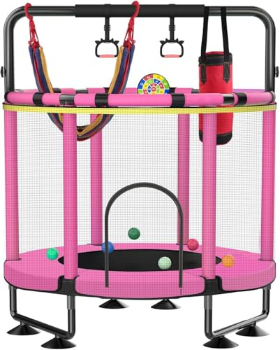 Trampoline for Kids, Upgrade Full Anti-Rust 440lbs Indoor Outdoor Toddler Trampoline with Net, 55 Adjustable Baby Toddler Trampolines Accessories Dart Board (B-Pink, 55in)