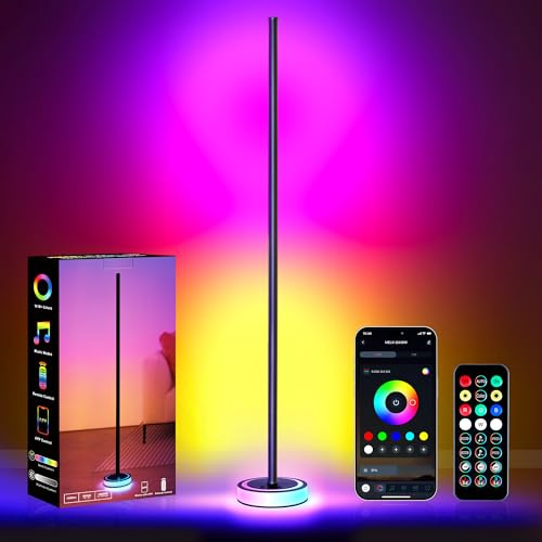 Wfiia 59 Smart LED Corner Floor Lamp, RGBICW Color Changing Ambient Lighting, App Control Music Sync Mood Light, Modern Dimmable Room Decor for Bedroom, Living Room, Gaming Setup, Black