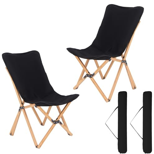 KOMFOTTEU 2er Set Liegestuhl, Gartenstuhl mit Seitentasche, Klappstuhl aus Bambus, Faltstuhl mit Tragetasche, Strandstuhl bis 150 kg, ür Camping, Angeln (Schwarz)
