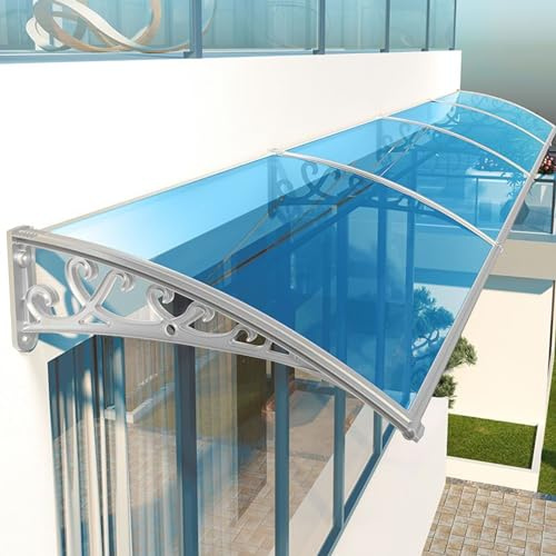 Auvent en polycarbonate pour porte/fenêtre, 81,3 x 129,5 cm – Auvent de terrasse extérieur avec support argenté et panneau bleu, protection contre les UV, la pluie et la neige, volet solaire élégant