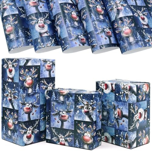 5Pcs Christmas Wrapping Paper Blue, 50 * 70cm Wrapping Paper for Xmas,Reindeer Head Design