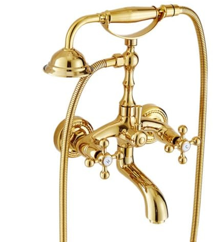 Bath Shower Mixer Tap Wall Mounted Bathtub Faucet Vintage Style Brass Dual Handle Bath Taps,Bathroom Tub Faucet,with Handshower and 1.5m Shower Hose,Gold