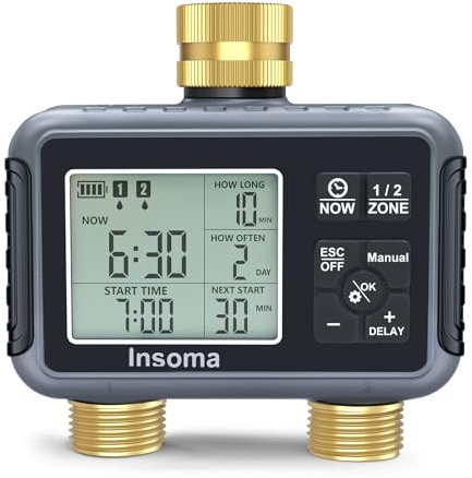 Insoma Water Timer with Brass Inlet & Outlet, 2 Independent Zones Outdoor Hose Timer for Garden Faucet with Auto/Manual/Rain Delay Mode, Sprinkler Irrigation Timers for Yard Lawn