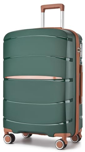 KONO Mittelgroß Koffer Trolley Reisekoffer aus Polypropylen Leichte Hartschalenkoffer mit 4 Doppelspinnrollen und TSA Schloss (Dunkelgrün/Braun,L)