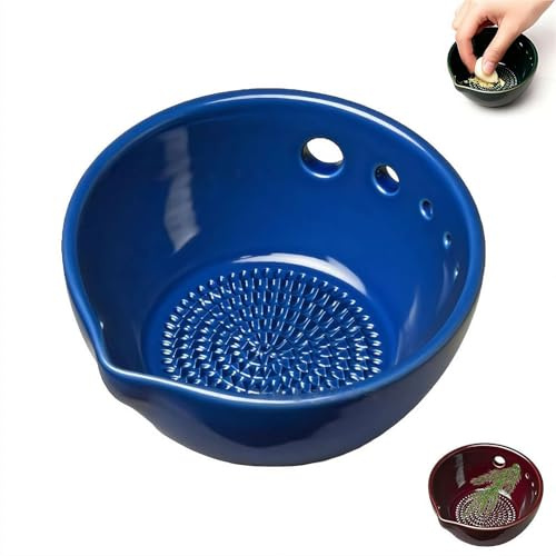 Rallador y rallador hecho a mano para platos de ajo, cuenco pelador de hierbas frescas 2 en 1 de cerámica con ralladores integrados y pelador de hierbas, plato Rasca Ajos para jengibre, hierbas y