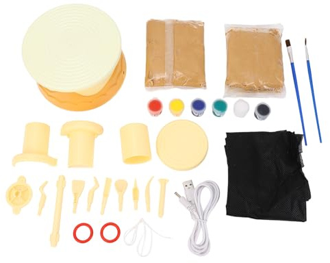 Tornio da vasaio per bambini con strumenti per la scultura, kit completo di tornio da vasaio per principianti, tornio per argilla motorizzato con argilla morbida non da cottura e s (Gialla)
