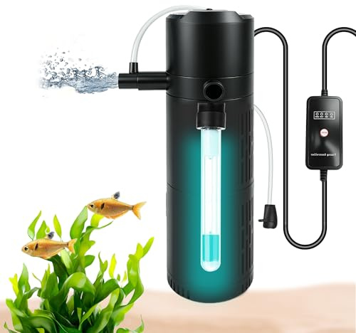 worahroe 5-in-1 UV Filters for Fish Tanks with Timer 500L/H, UV Steriliser for Aquarium with Aeration Wavemaker Dechlorination for 50‑150L Fresh & Saltwater, Ultra-Quiet Energy-Efficient
