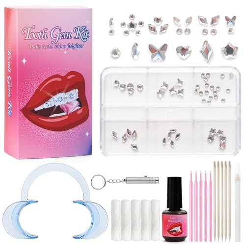 Gansdnek Kit Strass Dentaire, 64 Pièces Décoration de Dents en Strass, Strass Dentaire Tooth Gem Kit, Bijoux Dentaire Amovibles, Ornements Dents avec Colle pour Embellir et Décorer les Dents