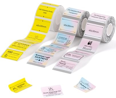 NIIMBOT Etiketten, 3 Rollen Kompatibel mit NIIMBOT B1 B2 B21 Pro B3S Etikettendrucker, 40x 30mm Gelb + 40x30mm Blau + 41x 41mm Rosa