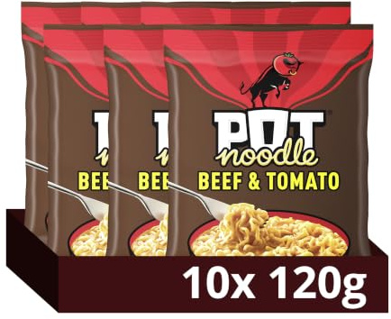 Pot Noodle Beef & Tomato Instant Noodles Block with sauce and seasoning sachets for quick, filling and delicious noodles 10x 114 g