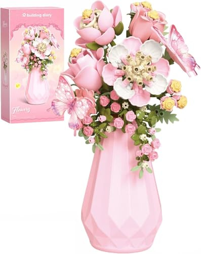 Genruron Schmetterling Blumenstrauß Bausteine Set mit Vase, 329 Teile Botanical Kollektion Bauklötze, Kreatives DIY Künstliche Blumen Bauset Bausatz für Home Deko, Geschenk für Erwachsene (Rosa)