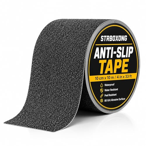 STRBOXONG Cinta Antideslizante Negra Ancha 100mm x 10m, Tracción Extra para Rampas y Zonas Industriales, Adhesivo de Agarre Fuerte, Impermeable para Exterior, Peldaños Grandes, 1 Rollo