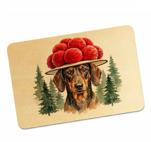speecheese Dackel mit Bollenhut Postkarte aus Holz, Schwarzwald lustig | Holzpostkarte als Grußkarte, beschreibbar und als Kompaktbrief versendbar, für Dackelliebhaber und Schwarzwald-Fans