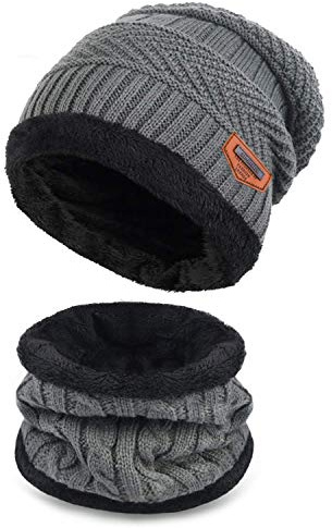 Malaxlx Kinder Wintermütze und Schlauchschal Set - Warme Strickmütze Beanie für Jungen und Mädchen Mit Fleecefutter (Grau)