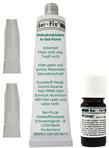 Ber-Fix® Industriekleber Gel 20g transparent + Primer 5ml | Set für schwer klebbare Kunststoffe (PE, PP, Silikon, PTFE)
