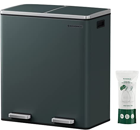 SONGMICS Mülleimer, 2 x 30 Liter, 2 Fächer, Mülltrennsystem, Treteimer, Abfalleimer Küche, 15 Müllsäcke, Metall, Inneneimer aus Kunststoff, Klappdeckel, Softclose, luftdicht, grüngrau LTB60GS