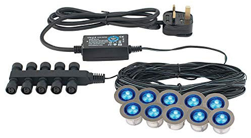 Pack of 10 x Saxby Ikon 30mm Round Polished Stainless Steel Bathroom IP67 Outdoor Recessed Garden Decking Blue LED Light Kit