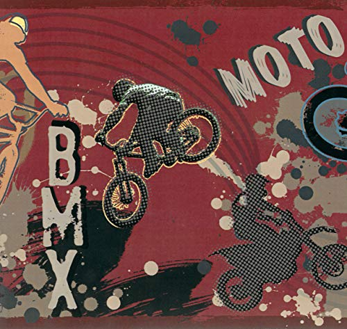 Dundee Deco BD6295 Tapeten Bordüre, vorgeklebt, Sportborte, Orange, Schwarz, Scharlachrot Motorräder, Extremsport-Wandbordüre, Tapetenbordüre Retro-Design, 4,57 m x 20,32 cm