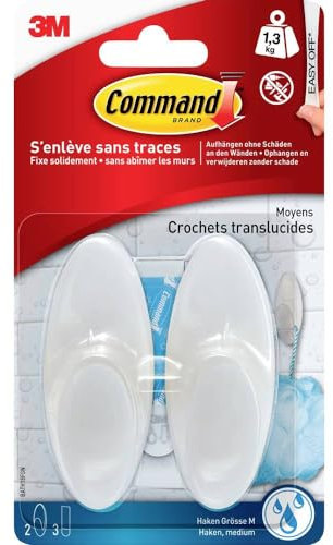 Command Crochet Moyen pour Salle de Bain, Résistant à l'Eau, Blanc – 2 Crochets, 3 Languettes Adhésives – Accrochage Sans Dommages