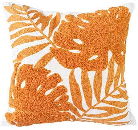 Hodeco Embroidery Throw Pillow Covers 18x18 Home Decor Floor Pillow Cover for Couch Bed Chair 100% Cotton Loop Embroidered Orange Tropical Leaves Cushion Cover Square Pillowcase 45x45cm, 1 Piece