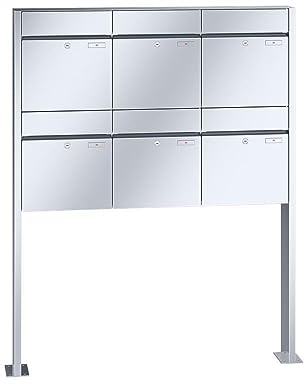 RENZ/Plan / 6er Freistehende Briefkastenanlage Standbriefkasten / V4A-Edelstahl/Volumen 28 L/mit Fußplatten/Dein-Briefkasten.de