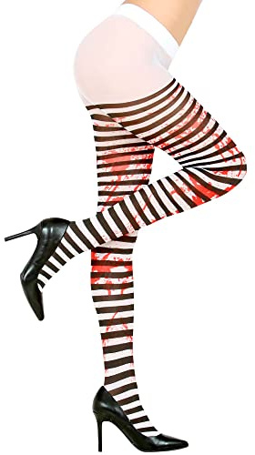 W WIDMANN MILANO Party Fashion 29348 - Medias a rayas, 50 DEN, color blanco y negro, con manchas de sangre, fiesta temática, carnaval, Halloween
