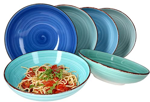 MamboCat Blue Lot de 6 assiettes à spaghetti profondes I Ø 23,5 cm I 800 ml I 6 personnes I Grande assiette à pâtes maritimes Assiette à soupe Bol de service I Vaisselle en grès