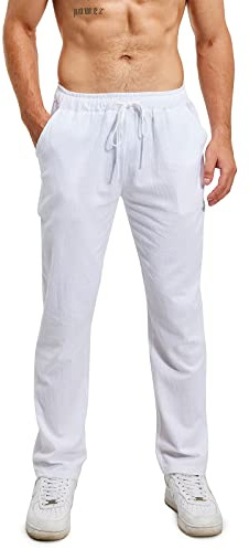 Lanckeli Pantalon de Yoga d'été en Lin pour Hommes avec Cordon de Serrage, Pantalon Coton Lin Homme, Pantalon Long Décontracté et Léger.