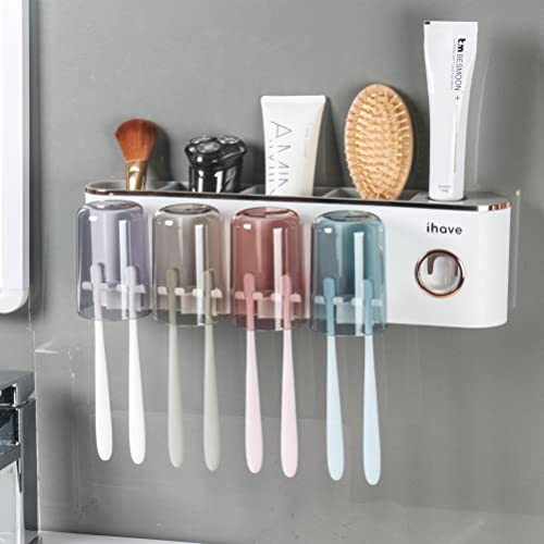 iHave Zahnbürstenhalter Wand mit Zahnpastaspender, Toothbrush Holder mit 4 Zahnputzbechern, elektrische Zahnbürste Halter ohne bohren, Multi Badezimmer Organizer & Aufbewahrung für Familie (Weiß Gold)