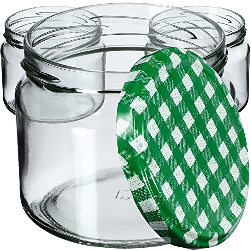 KADAX Lot de 100 bocaux à conserves avec couvercle à visser, pots à confiture 330 ml, bocaux de conservation pour confitures, gelées, miel, bocaux avec couvercle à visser (vert à carreaux)