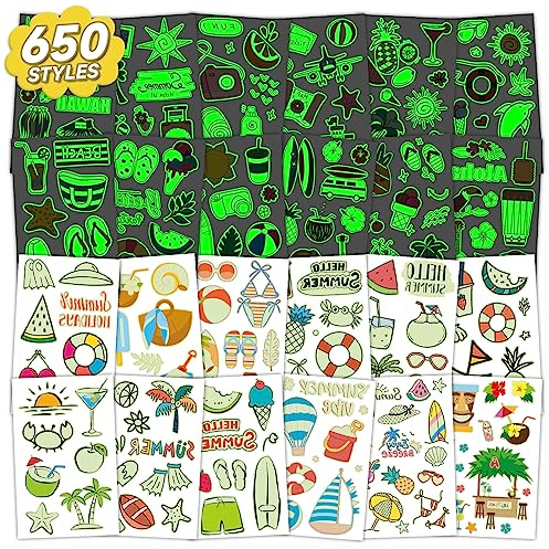 650 + stili, tatuaggi temporanei hawaiani, a tema tropicale, per bambini, spiaggia, piscina, feste, impermeabile, finti tatuaggi adesivi per ragazze e ragazzi (56 fogli)