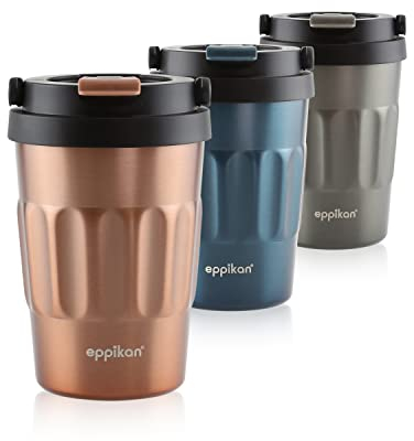 eppikan eppiCafé Edelstahl Thermobecher mit klappbarem Tragegriff - auslaufsicherer Coffee-To-Go-Becher für Kaffee und Tee 400 ml (Electric Copper)